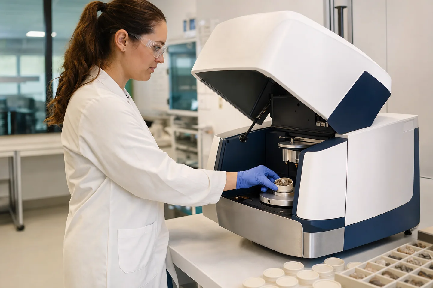 Laboratory technician loading a prepared mineral sample into an XRF analyzer